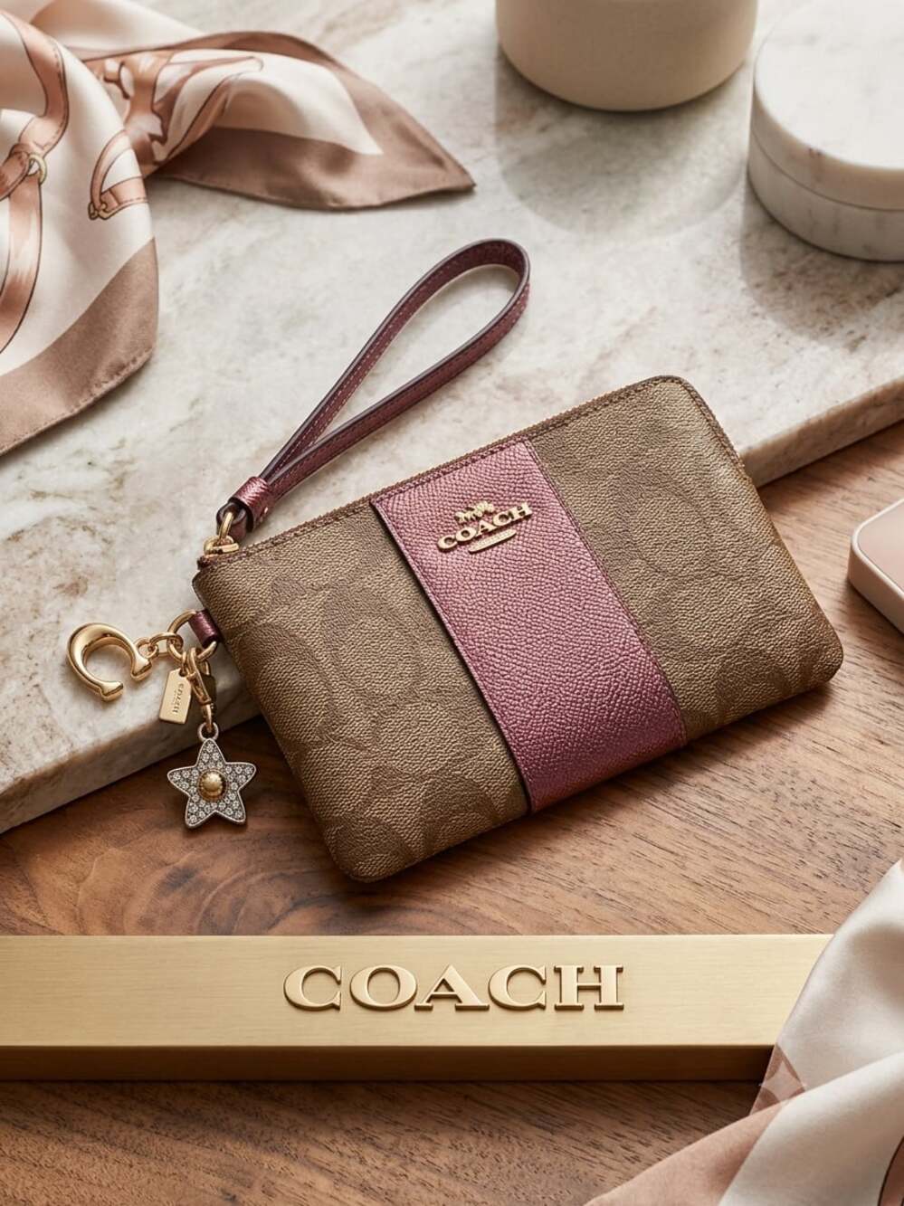 Coach Signature Canvas Corner Zip Wristlet with Metallic Detail and Flower Charm